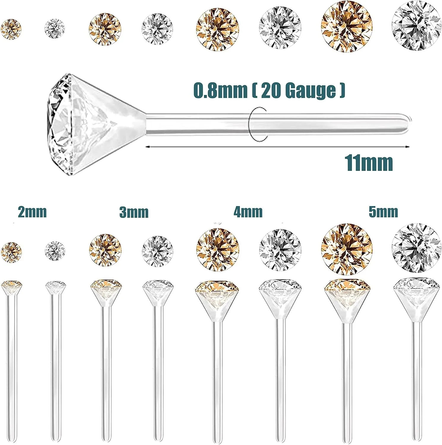 8 Pairs Anti Allergy Plastic Earrings for Sensitive Ears, Include 8 Pairs Silicone Soft earring backs, Plastic Post Earrings for Women, Birthstone Cubic Zirconia Stud Earrings Kit 2mm 3mm 4mm 5mm in one Set