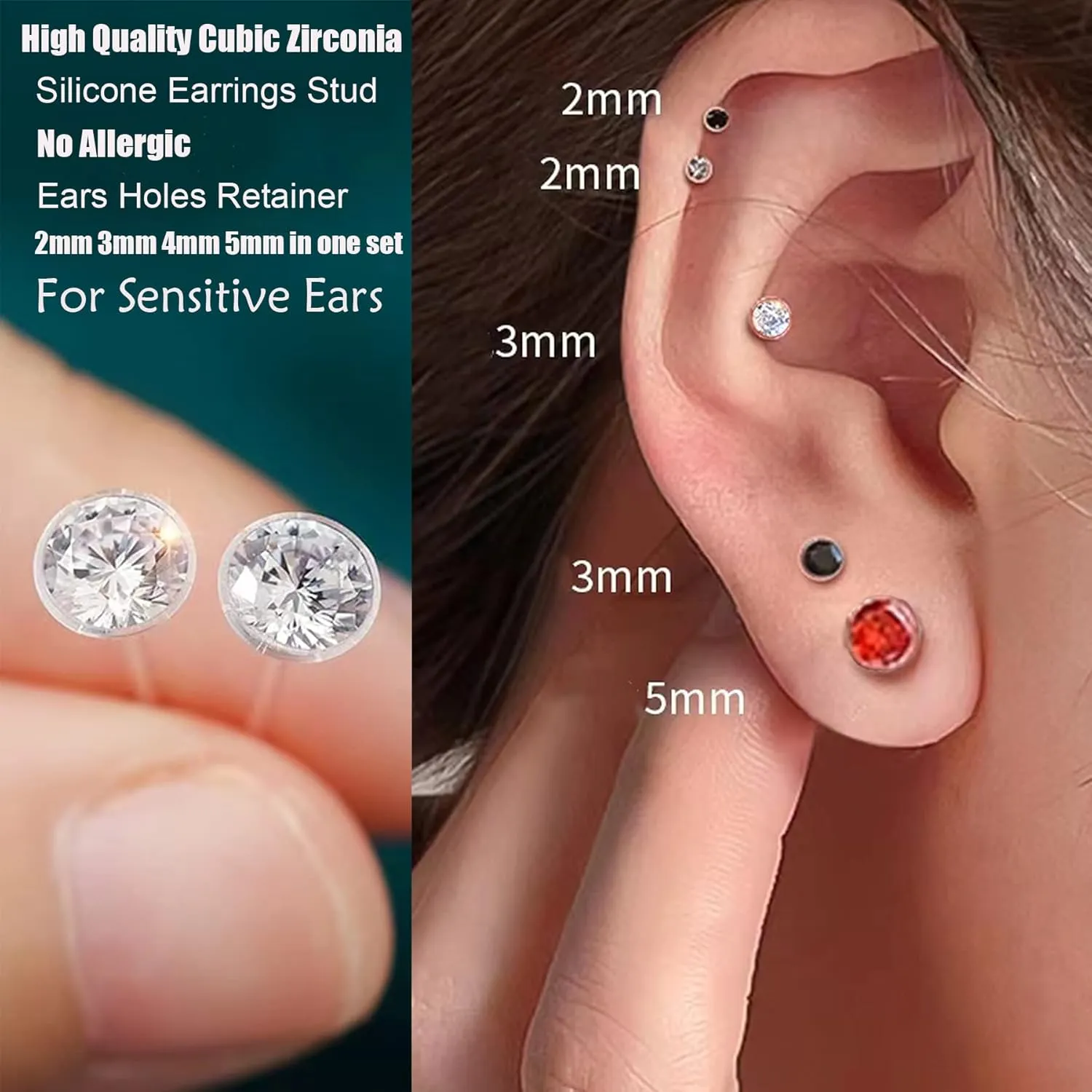 8 Pairs Anti Allergy Plastic Earrings for Sensitive Ears, Include 8 Pairs Silicone Soft earring backs, Plastic Post Earrings for Women, Birthstone Cubic Zirconia Stud Earrings Kit 2mm 3mm 4mm 5mm in one Set