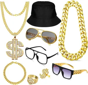 80 90s Hip Hop Outfit Kit for Men Women Rapper Costumes Fake Gold Chain Dollar Ring Sunglasses Accessories