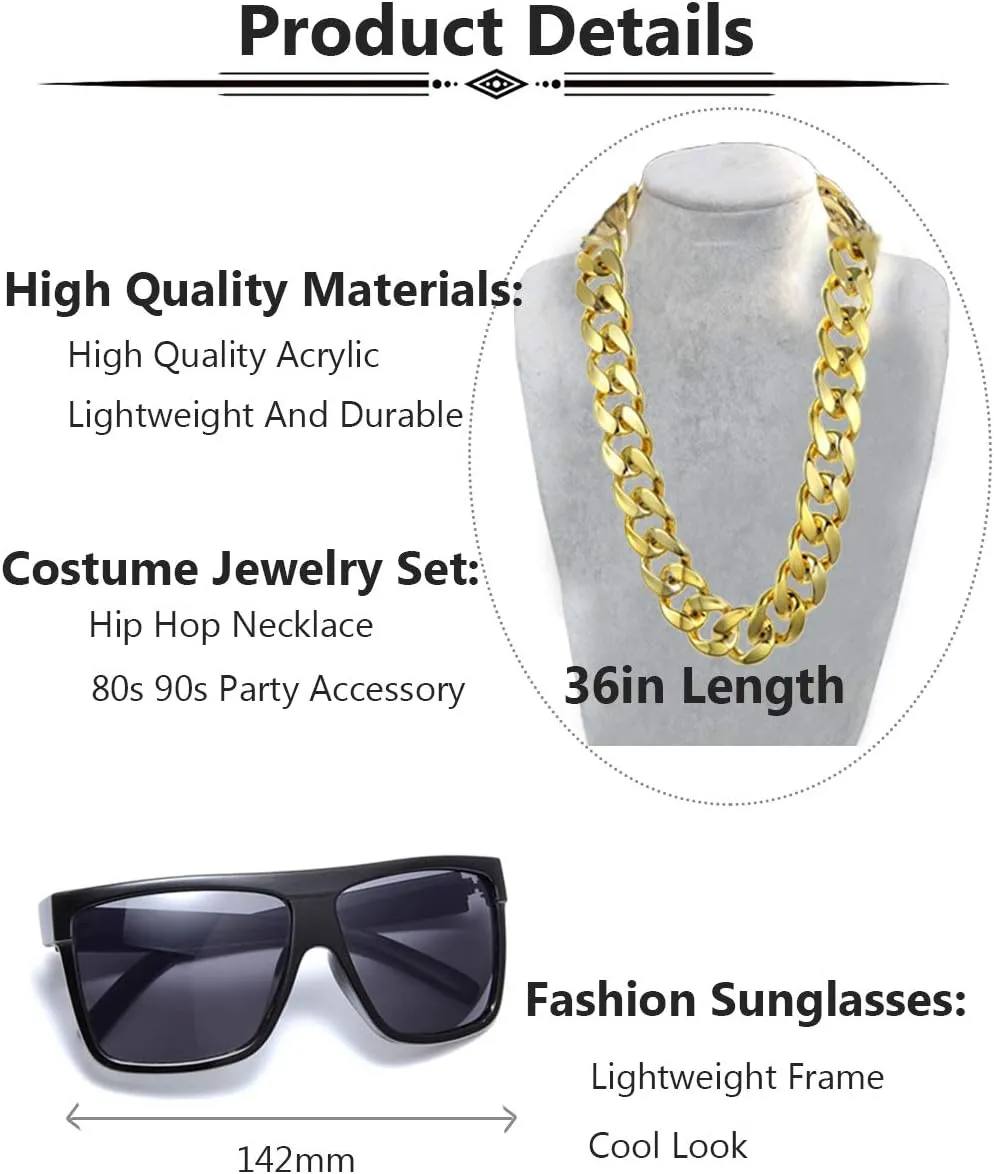 80s 90s Hip Hop Costume Jewelry for Women Men Gold Acrylic Chain Necklace Sunglasses Rapper Punk Style Costume Kit