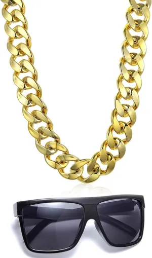 80s 90s Hip Hop Costume Jewelry for Women Men Gold Acrylic Chain Necklace Sunglasses Rapper Punk Style Costume Kit