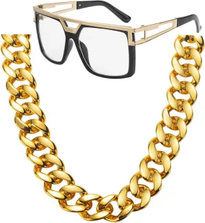 80s 90s Hip Hop Costume Jewelry Gold Chain for Women Men Gold Chain Rapper Sunglasses Necklace Costume Accessory
