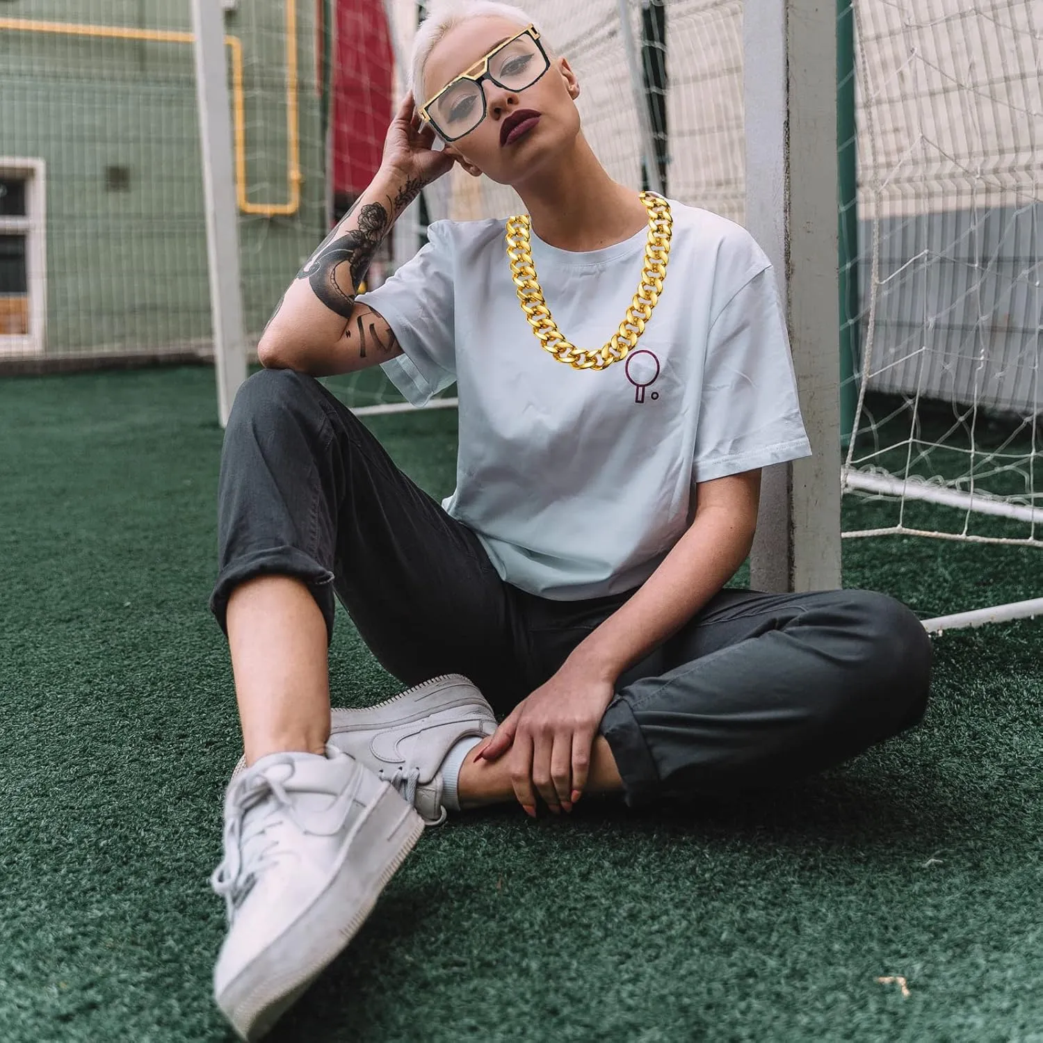 80s 90s Hip Hop Costume Jewelry Gold Chain for Women Men Gold Chain Rapper Sunglasses Necklace Costume Accessory