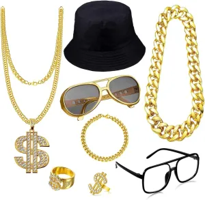 80s 90s Hip Hop Costumes Outfit for Men, 8 Pcs Fake Gold Chain Money Sign Necklace Sunglasses Hat, Dollar Sign Finger Ring for Men Women Rapper Jewelry Accessories