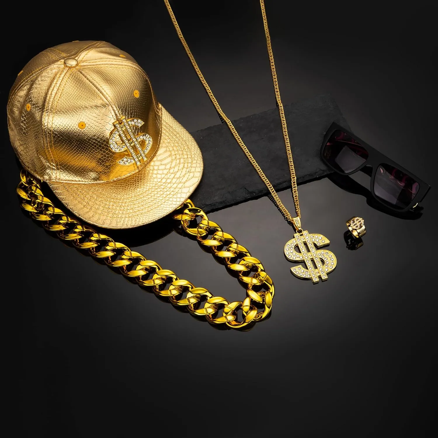 80s 90s Hip Hop Costumes Outfit Kit Fake Gold Chain Necklace Dollar Sign Cap Jewelry Set Rapper Accessories