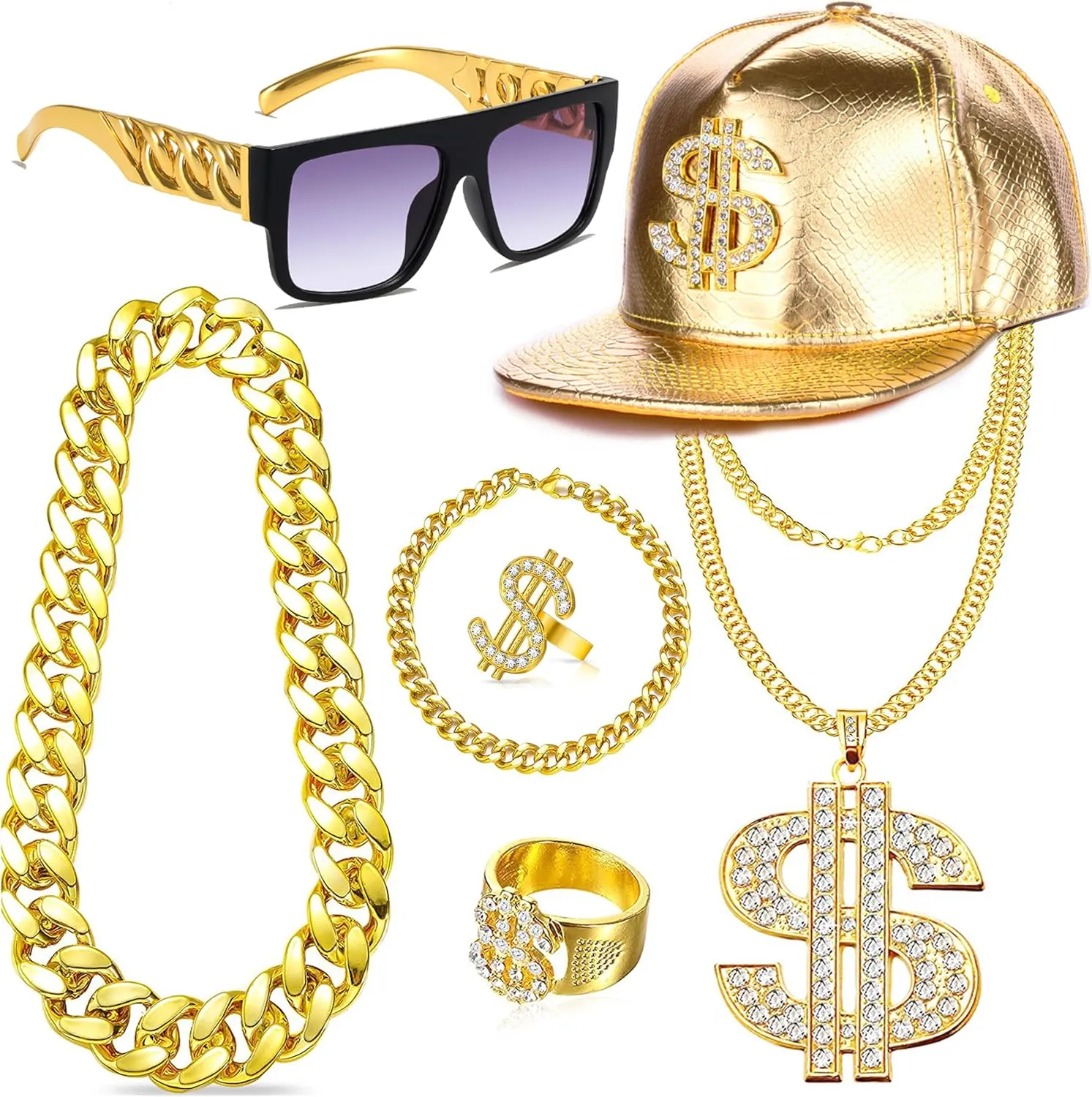 80s 90s Hip Hop Costumes Outfit Kit Fake Gold Chain Necklace Dollar Sign Cap Jewelry Set Rapper Accessories