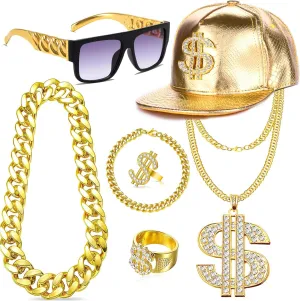 80s 90s Hip Hop Costumes Outfit Kit Fake Gold Chain Necklace Dollar Sign Cap Jewelry Set Rapper Accessories