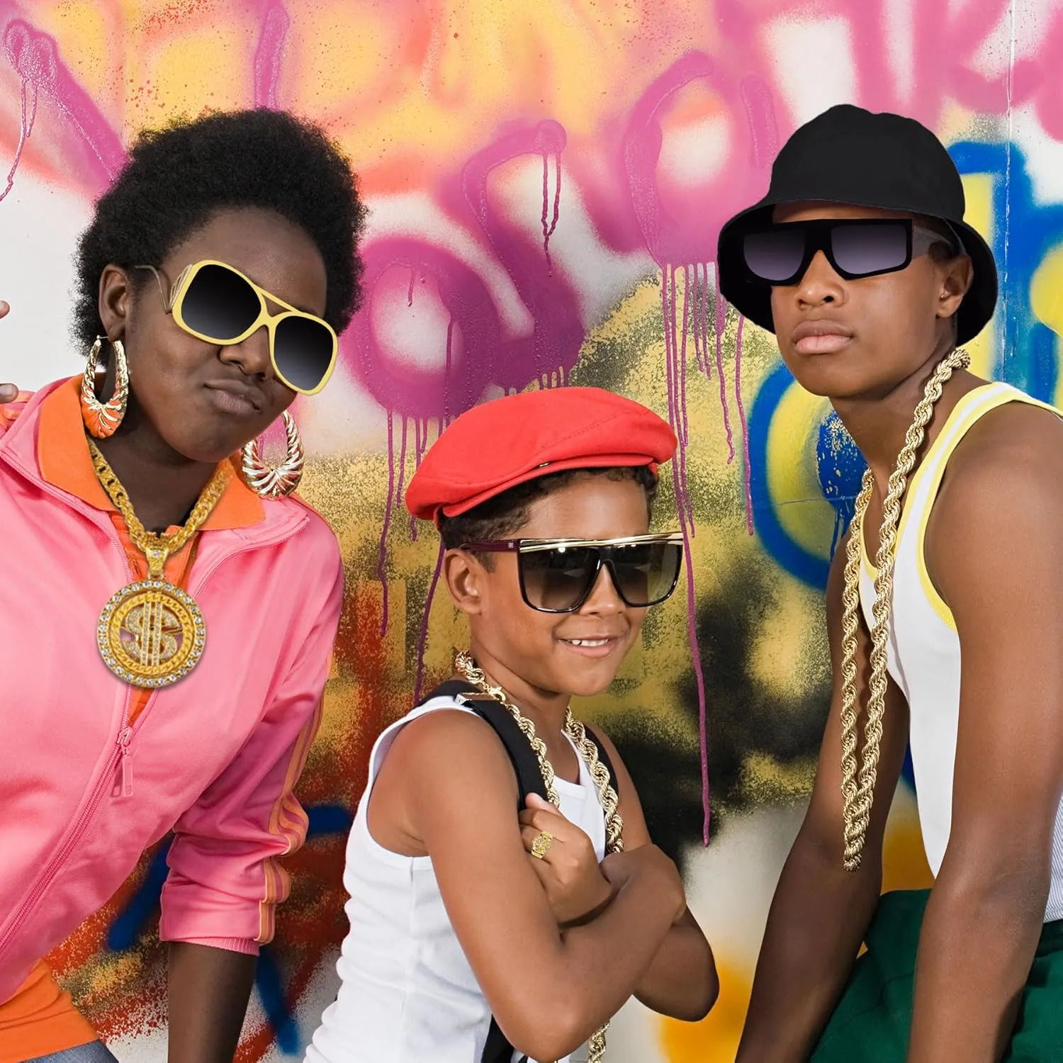 80s 90s Hip Hop Rapper Outfit Costume Kit for Men 7pcs Accessories Jewelry Set Fake Gold Chain Bracelet Teeth Braces Dollar Sign Necklace Ring Hat Sunglasses