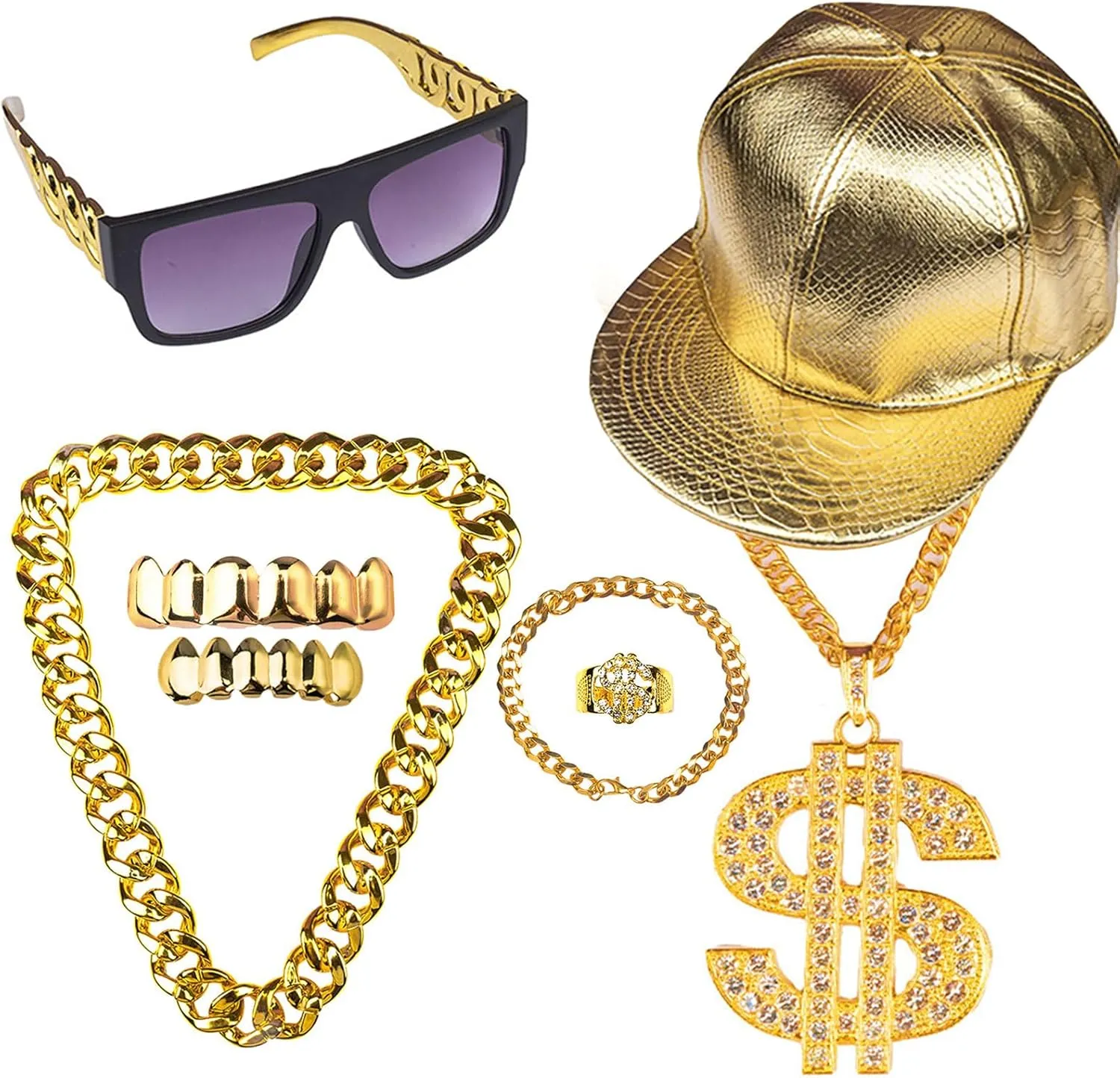 80s 90s Hip Hop Rapper Outfit Costume Kit for Men 7pcs Accessories Jewelry Set Fake Gold Chain Bracelet Teeth Braces Dollar Sign Necklace Ring Hat Sunglasses