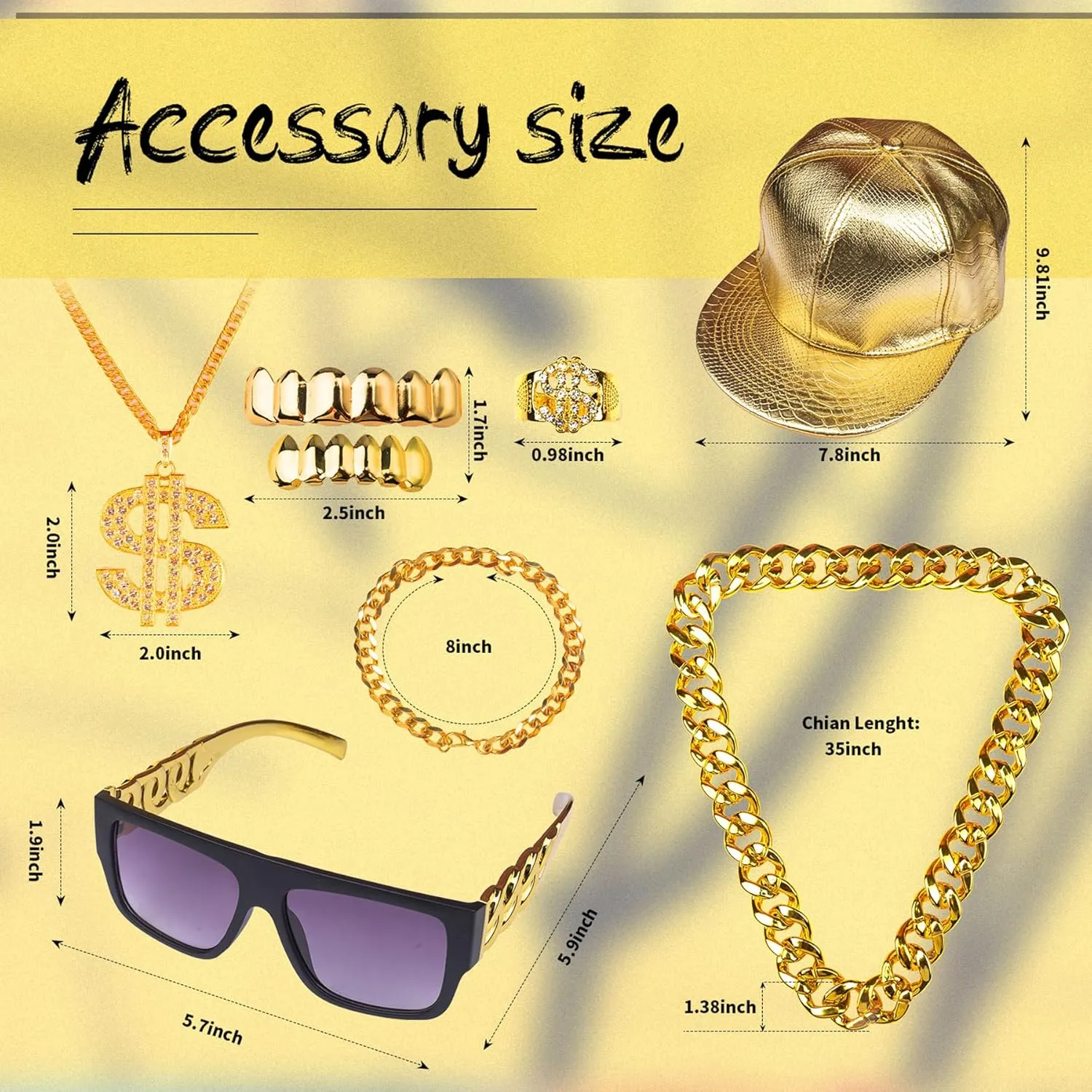 80s 90s Hip Hop Rapper Outfit Costume Kit for Men 7pcs Accessories Jewelry Set Fake Gold Chain Bracelet Teeth Braces Dollar Sign Necklace Ring Hat Sunglasses