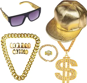 80s 90s Hip Hop Rapper Outfit Costume Kit for Men 7pcs Accessories Jewelry Set Fake Gold Chain Bracelet Teeth Braces Dollar Sign Necklace Ring Hat Sunglasses