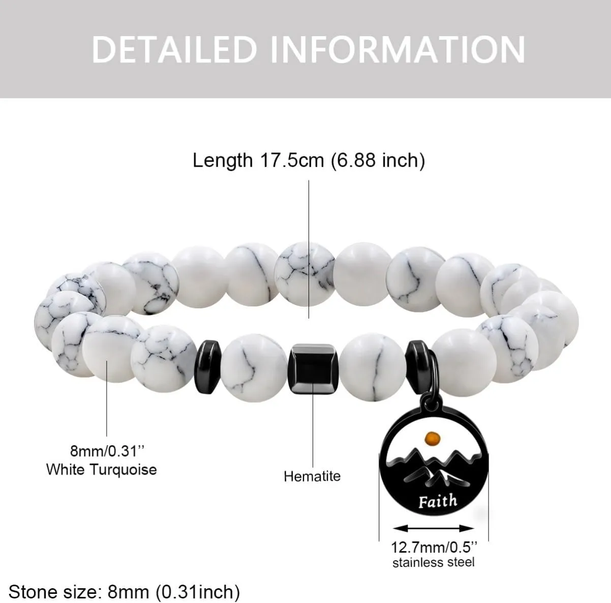 8mm Natural Stone Beaded Bracelet Inspirational Jewelry | Black Faith Mountain Mustard Seed Round Charms Bracelets for Women and Men Y4107