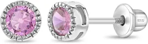 925 Sterling Silver Beautiful 5mm Round Bezel-Set Cubic Zirconia Stud Earrings with Locking Screw Backs - Excellent for Baby Girls and Toddlers for All Occasions