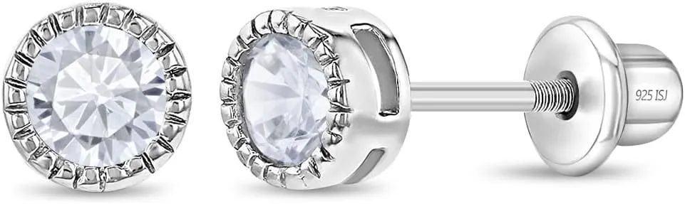 925 Sterling Silver Beautiful 5mm Round Bezel-Set Cubic Zirconia Stud Earrings with Locking Screw Backs - Excellent for Baby Girls and Toddlers for All Occasions