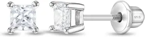 925 Sterling Silver Clear 3mm Square Princess Cut Cubic Zirconia Earrings with Safety Locking Screw Back for Babies, Toddlers and Young Kids