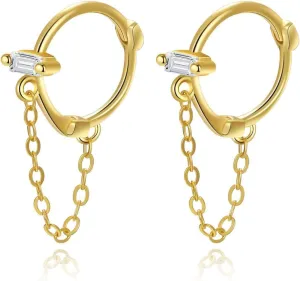 925 Sterling Silver CZ Chain Hoop Earrings Drops for Women Teens Small Huggie Earrings Minimalist Hoops Hypoallergenic-1CM