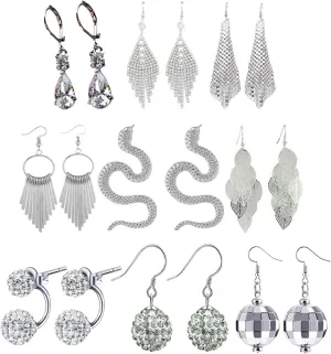 9Pairs Gold Hoop Earrings Set for Women Multipack,Dangle Tassel Boho Punk Disco Ball Earrings Snake Long Layered Crystal Long Statement Earrings Drop