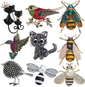 9Pcs Cute Rhinestone Animal Insect Brooch Pin Set Vintage Elephannt Cat Owl Corsages Scarf Clips Jewelry accessories for Ladies