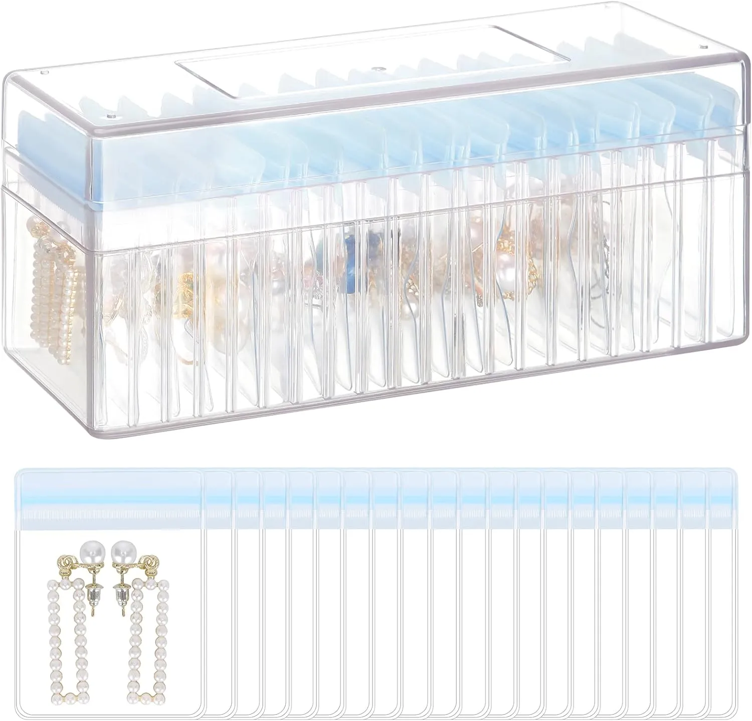 Acrylic Jewelry Organizer Box, Clear Jewelry Storage Box with 20 Anti Tarnish Jewelry bags, Portable Travel Jewelry Holder Case for Ring Earring Necklace for Girl Women (Blue)