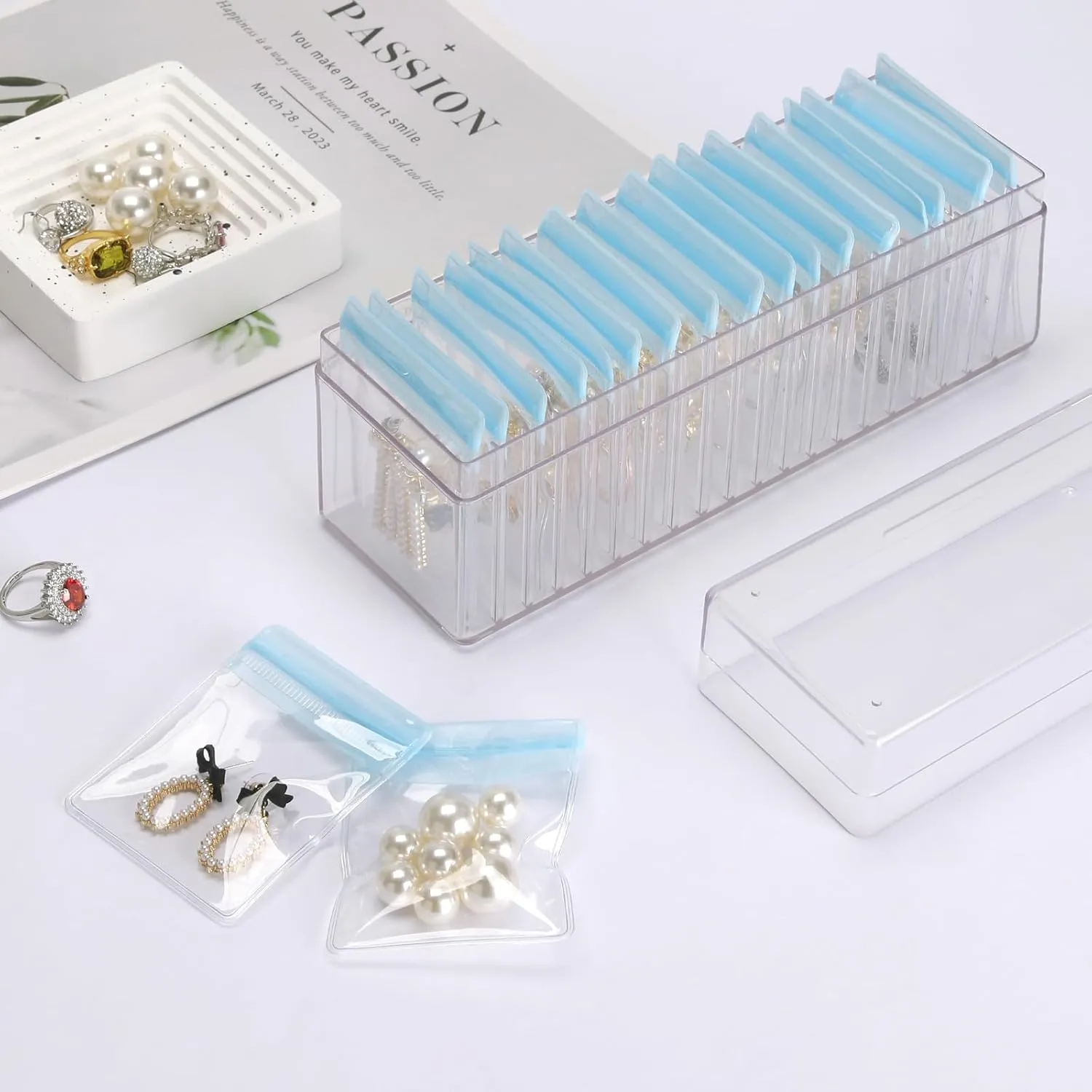 Acrylic Jewelry Organizer Box, Clear Jewelry Storage Box with 20 Anti Tarnish Jewelry bags, Portable Travel Jewelry Holder Case for Ring Earring Necklace for Girl Women (Blue)