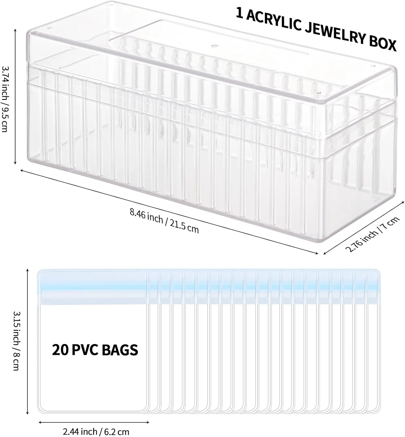 Acrylic Jewelry Organizer Box, Clear Jewelry Storage Box with 20 Anti Tarnish Jewelry bags, Portable Travel Jewelry Holder Case for Ring Earring Necklace for Girl Women (Blue)
