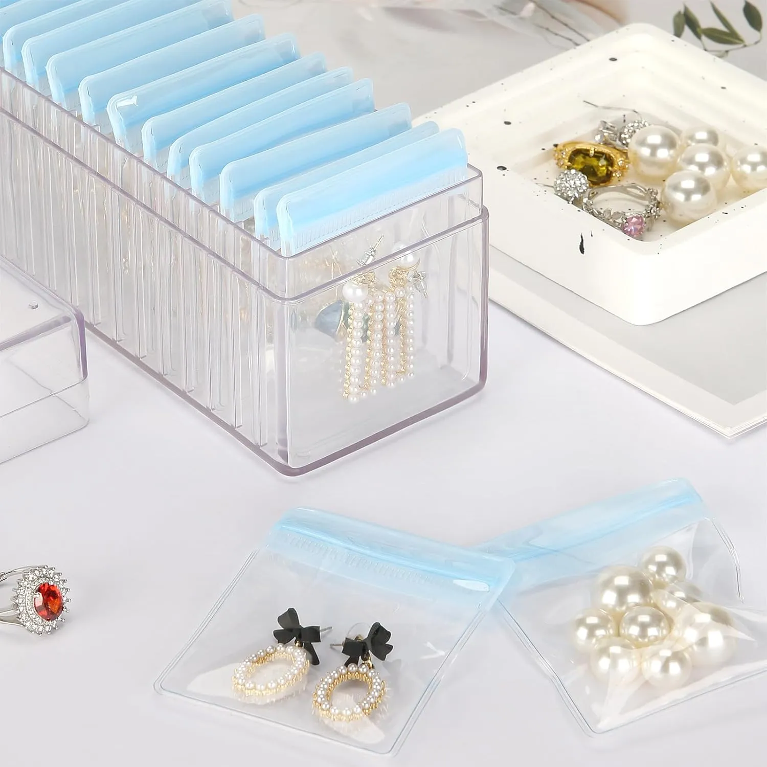 Acrylic Jewelry Organizer Box, Clear Jewelry Storage Box with 20 Anti Tarnish Jewelry bags, Portable Travel Jewelry Holder Case for Ring Earring Necklace for Girl Women (Blue)