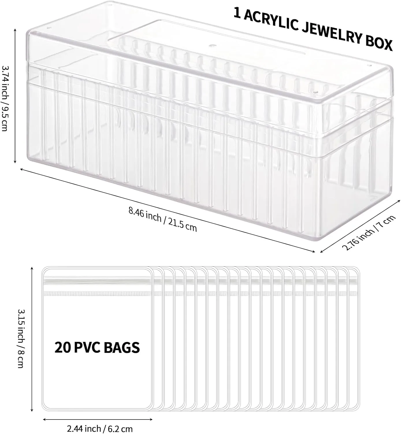 Acrylic Jewelry Organizer Box, Clear Jewelry Storage Box with 20 Anti Tarnish Jewelry bags, Portable Travel Jewelry Holder Case for Ring Earring Necklace for Girl Women (Clear)