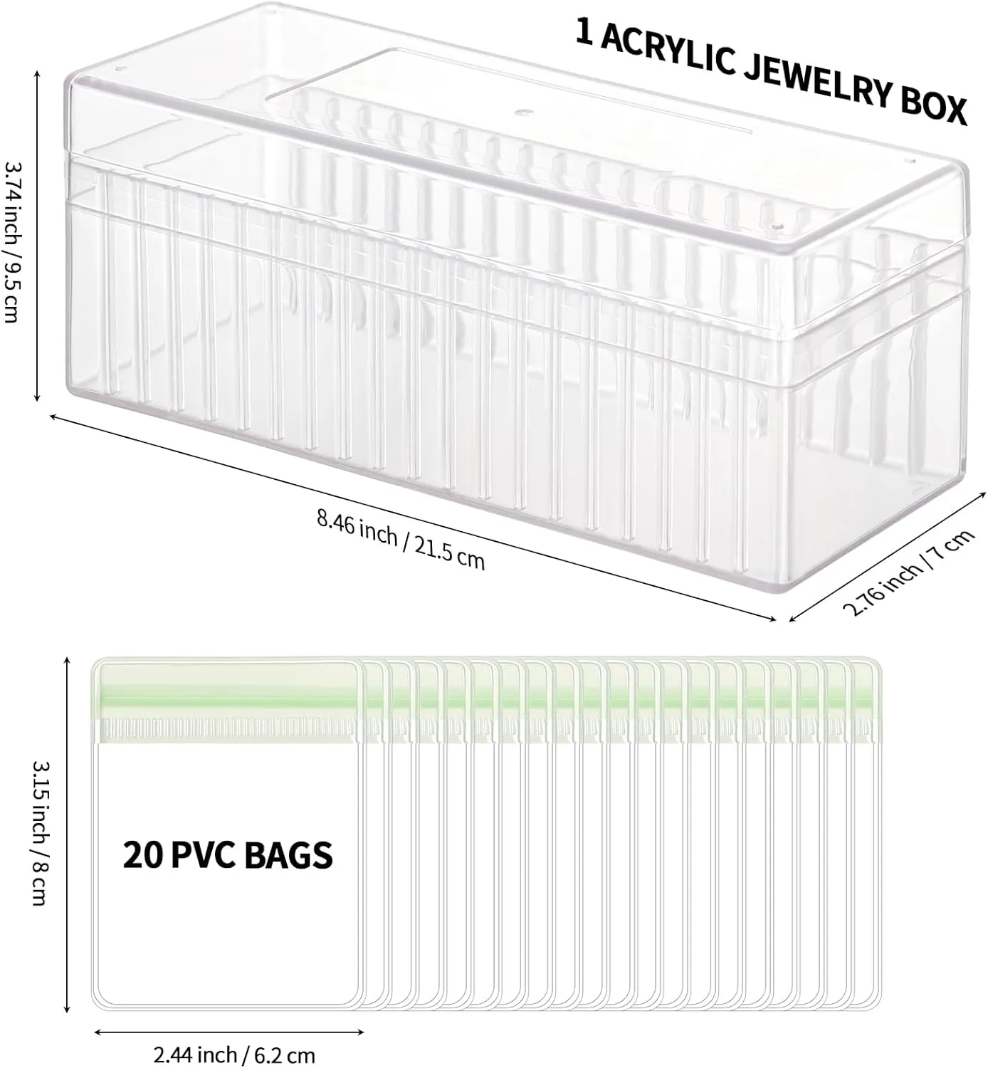 Acrylic Jewelry Organizer Box, Clear Jewelry Storage Box with 20 Anti Tarnish Jewelry bags, Portable Travel Jewelry Holder Case for Ring Earring Necklace for Girl Women (Green)