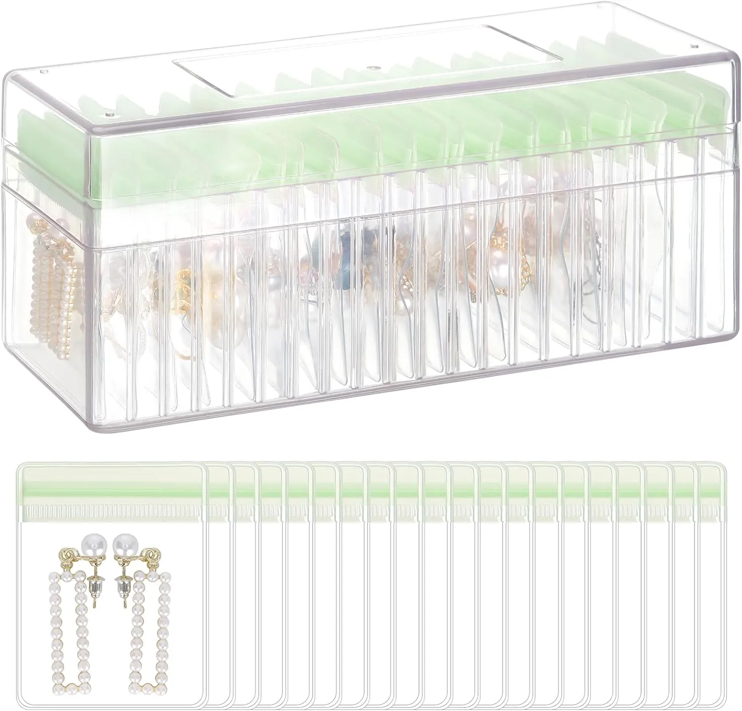 Acrylic Jewelry Organizer Box, Clear Jewelry Storage Box with 20 Anti Tarnish Jewelry bags, Portable Travel Jewelry Holder Case for Ring Earring Necklace for Girl Women (Green)