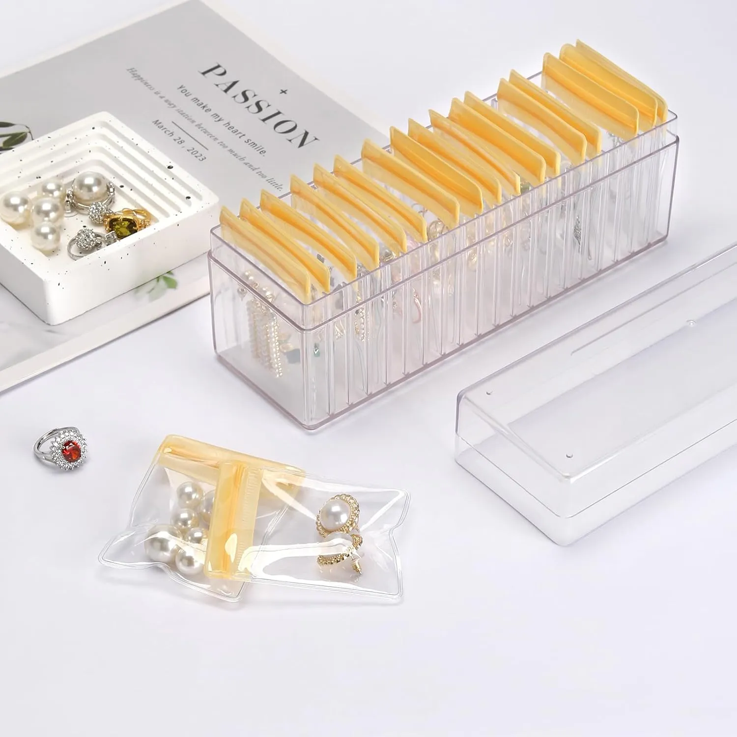Acrylic Jewelry Organizer Box, Clear Jewelry Storage Box with 20 Anti Tarnish Jewelry bags, Portable Travel Jewelry Holder Case for Ring Earring Necklace for Girl Women (Yellow)