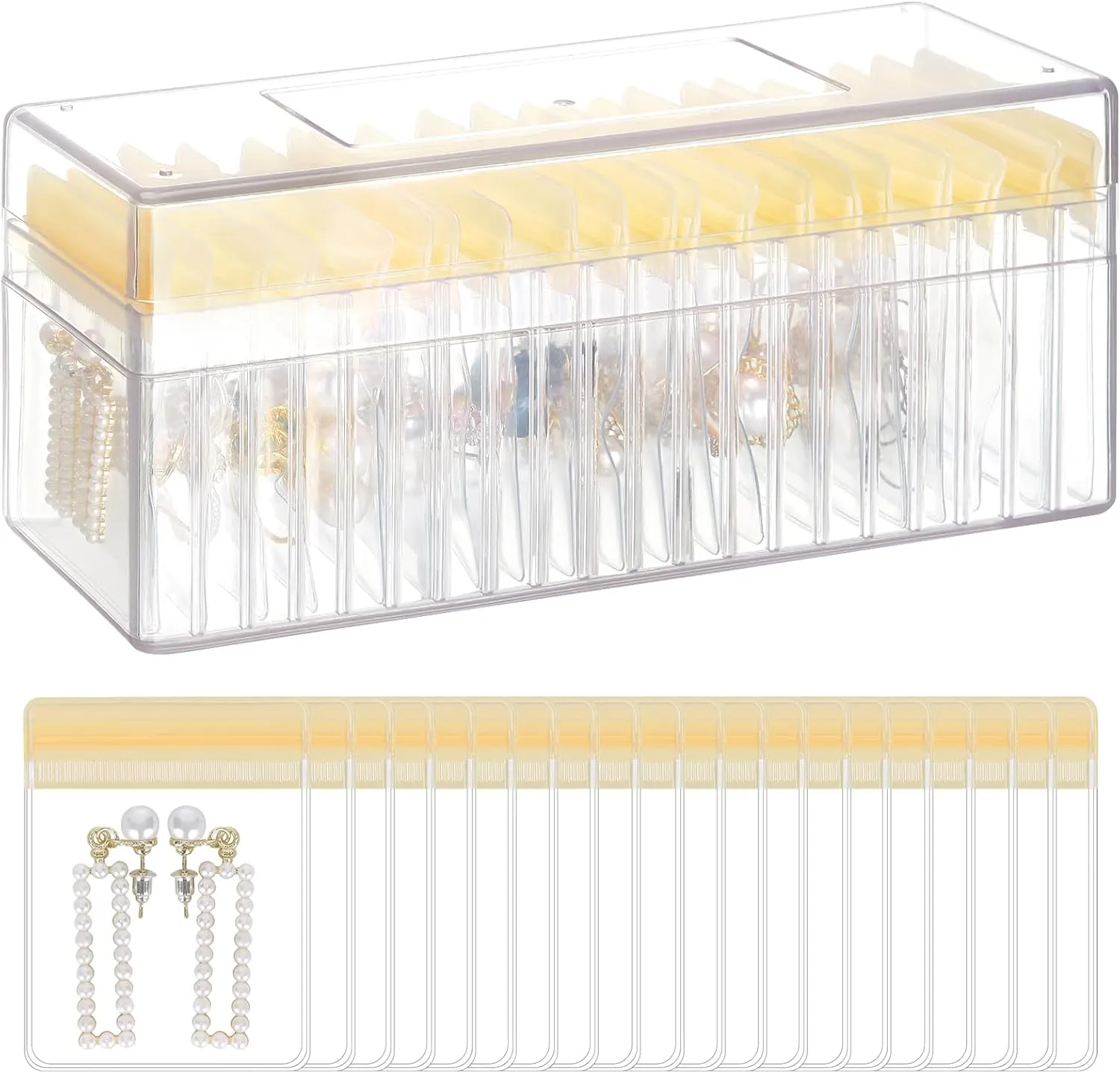 Acrylic Jewelry Organizer Box, Clear Jewelry Storage Box with 20 Anti Tarnish Jewelry bags, Portable Travel Jewelry Holder Case for Ring Earring Necklace for Girl Women (Yellow)