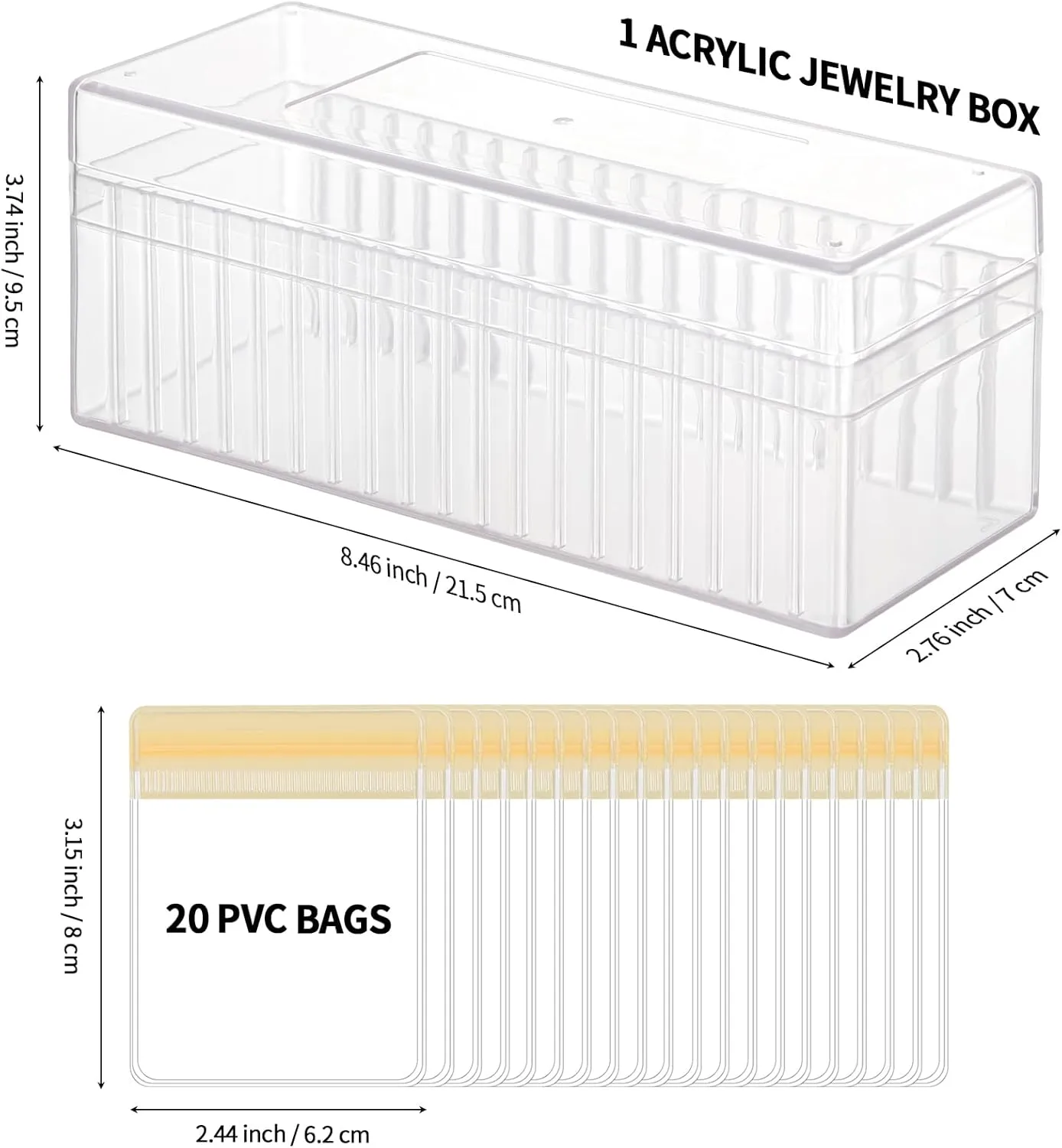 Acrylic Jewelry Organizer Box, Clear Jewelry Storage Box with 20 Anti Tarnish Jewelry bags, Portable Travel Jewelry Holder Case for Ring Earring Necklace for Girl Women (Yellow)