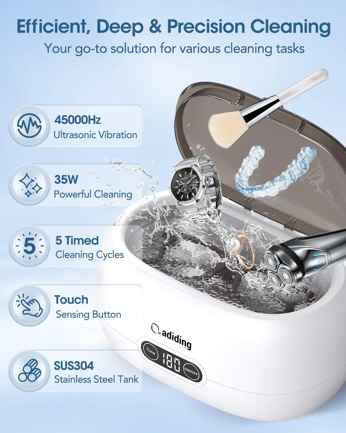 Adiding Jewelry Cleaning Machine, 650mL (23oz) Ring Sonic Cleaner Machine for Glasses, Earring, Denture, Retainer, Watch Straps, Razor -5 Cleaning Modes, Digital Timer, SUS304 Stainless Steel