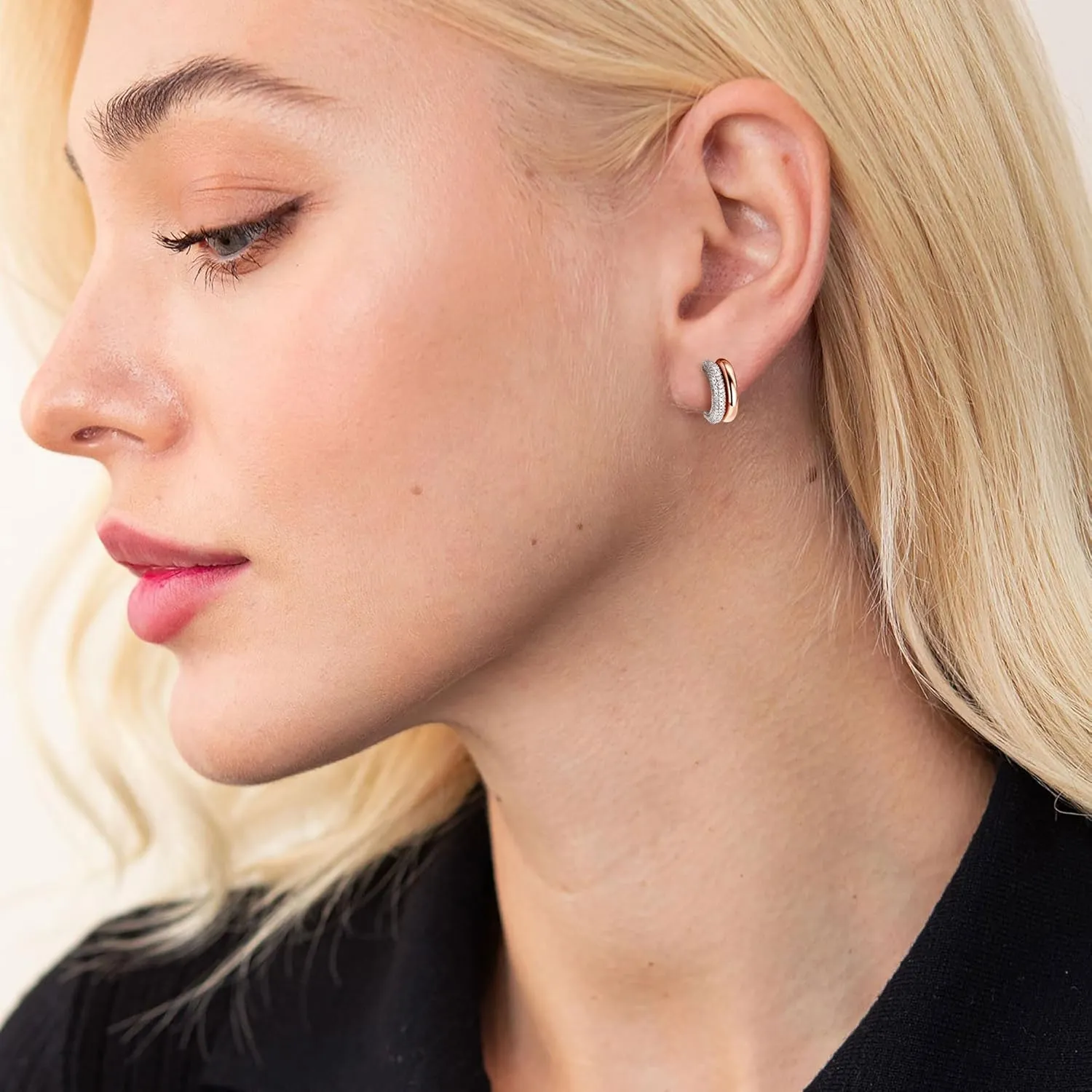 AINUOSHI Moissanite Huggie Earrings, Mix Two Tone Gold Color Tubular Huggie Hoops, Rose/Yellow Gold-plated and Lab Created Chunky Earrings, 925 Sterling Silver Studs Open Double Hoop Earrings for Women