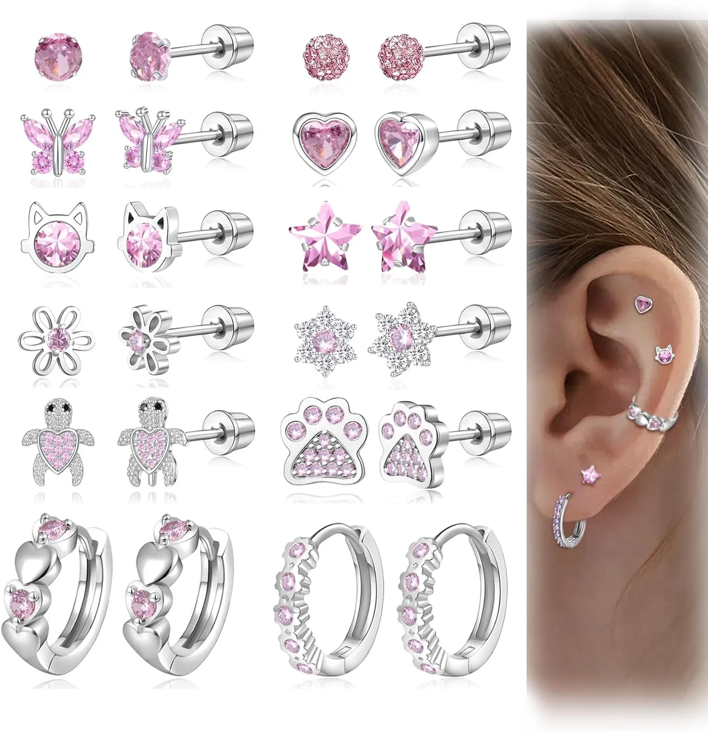 Akeoqi 12 Pairs Hypoallergenic Screw Back Stud Earrings 20G Stainless Steel Cartilage Tragus Earring Pink Multicolored CZ Heart Star Butterfly Flower Ball Cat Shape Stud Earrings for Women Men Silver Tone 10mm