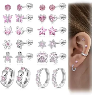 Akeoqi 12 Pairs Hypoallergenic Screw Back Stud Earrings 20G Stainless Steel Cartilage Tragus Earring Pink Multicolored CZ Heart Star Butterfly Flower Ball Cat Shape Stud Earrings for Women Men Silver Tone 10mm