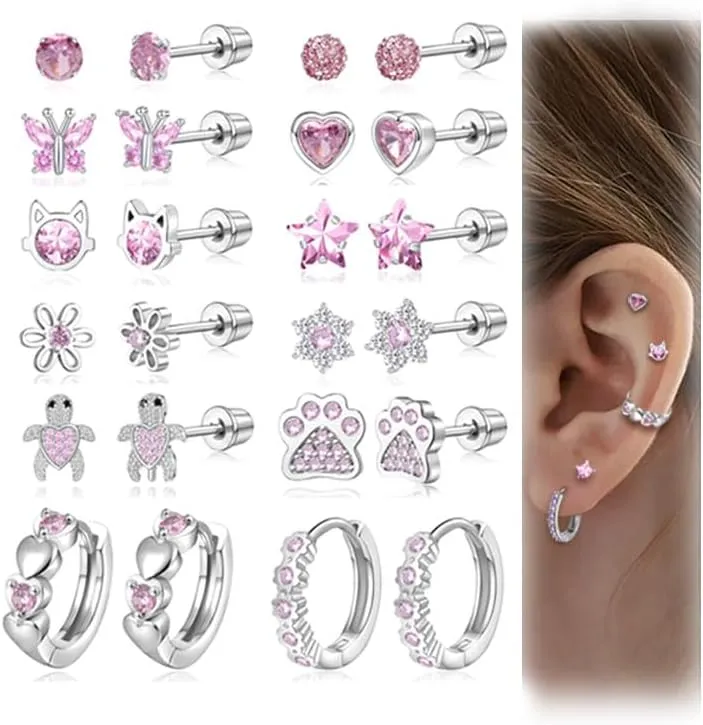 Akeoqi 12 Pairs Hypoallergenic Screw Back Stud Earrings 20G Stainless Steel Cartilage Tragus Earring Pink Multicolored CZ Heart Star Butterfly Flower Ball Cat Shape Stud Earrings for Women Men Silver Tone 10mm