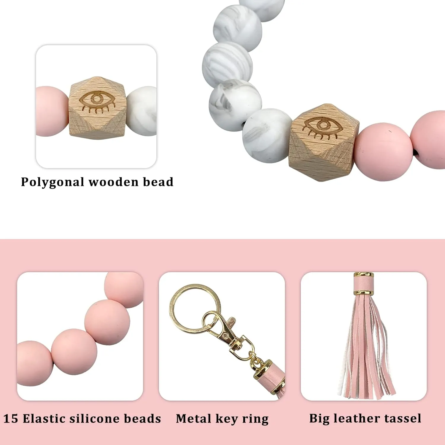 Andiker Keychain Wristlet Bracelet Silicone Beaded with Tassel for Women and Girls,Elastic Keyring Bangle Car Keys Holder