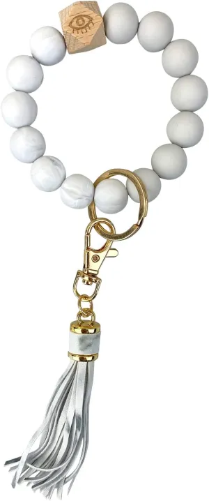 Andiker Keychain Wristlet Bracelet Silicone Beaded with Tassel for Women and Girls,Elastic Keyring Bangle Car Keys Holder