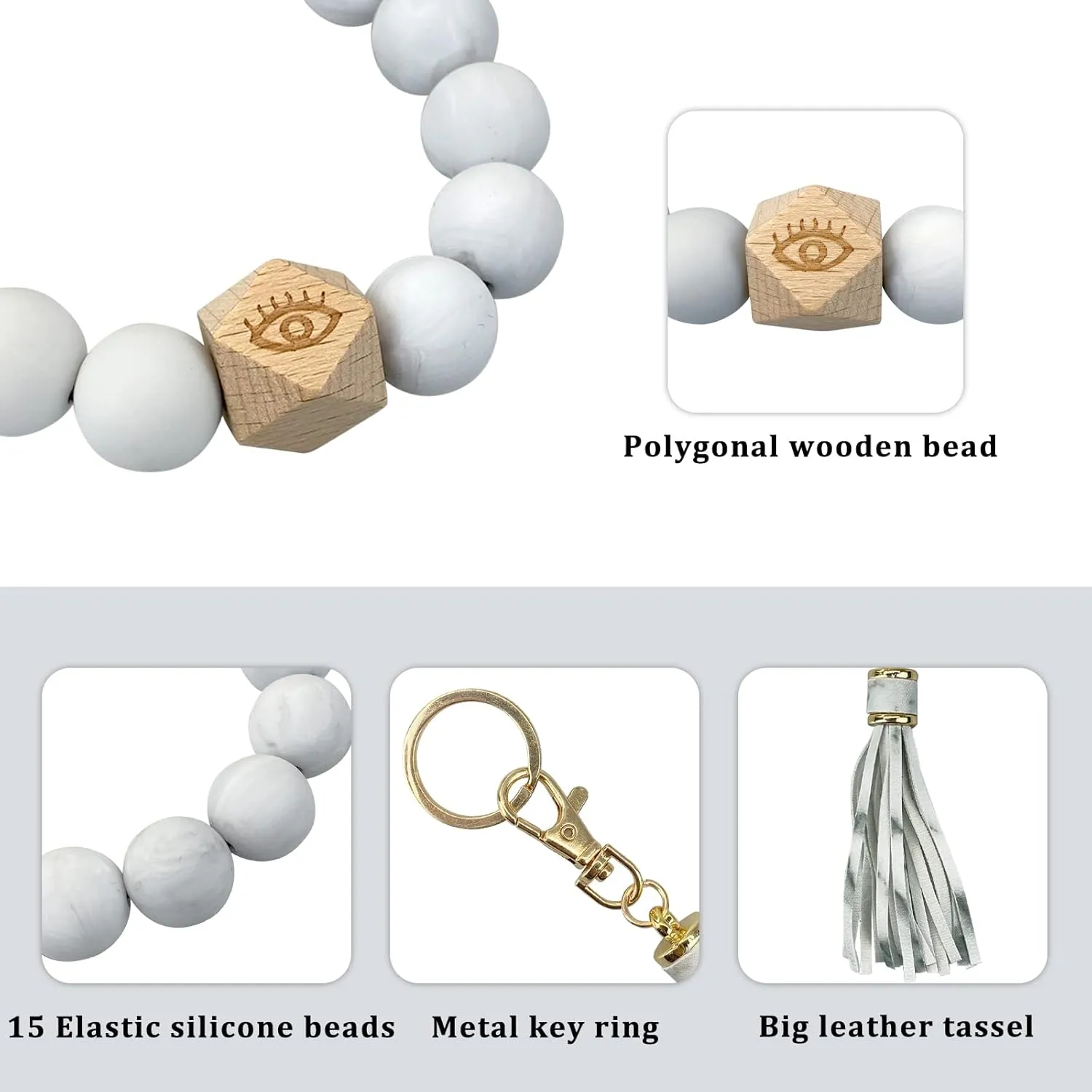 Andiker Keychain Wristlet Bracelet Silicone Beaded with Tassel for Women and Girls,Elastic Keyring Bangle Car Keys Holder