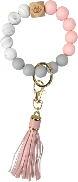 Andiker Keychain Wristlet Bracelet Silicone Beaded with Tassel for Women and Girls,Elastic Keyring Bangle Car Keys Holder