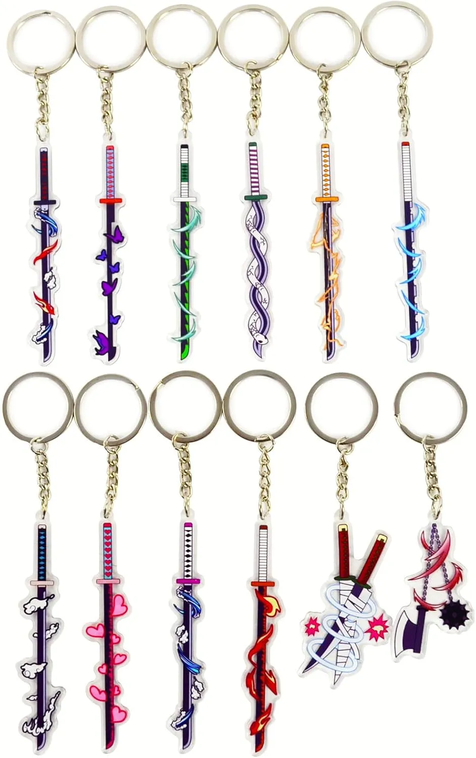 Anime Keychains, 12Pcs Acrylic Anime Keychain, 9Pcs Metal Katana Key chain, Rengoku Sword Keychain Merch Set