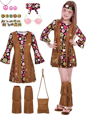 AOTHSO 22 Pcs Girls 70s Hippie Costume Set Dress Vest with Tassel Earring Necklace Headband Bag Pins Tattoos for Halloween