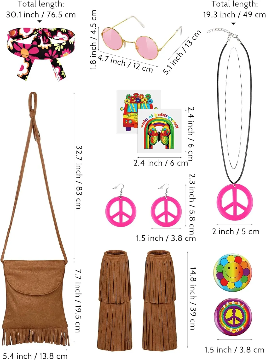 AOTHSO 22 Pcs Girls 70s Hippie Costume Set Dress Vest with Tassel Earring Necklace Headband Bag Pins Tattoos for Halloween