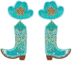 Beaded Cowboy Hat & Boots Post Earrings Handmade Western Boots (Turquoise)
