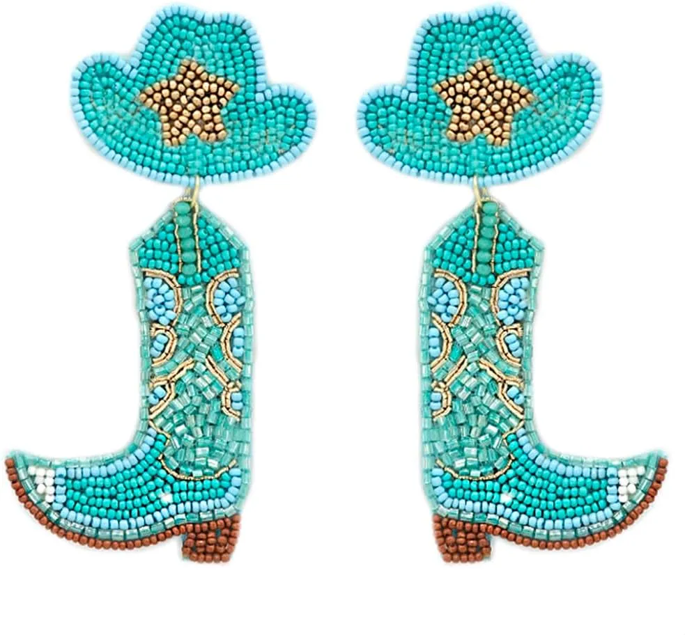 Beaded Cowboy Hat & Boots Post Earrings Handmade Western Boots (Turquoise)