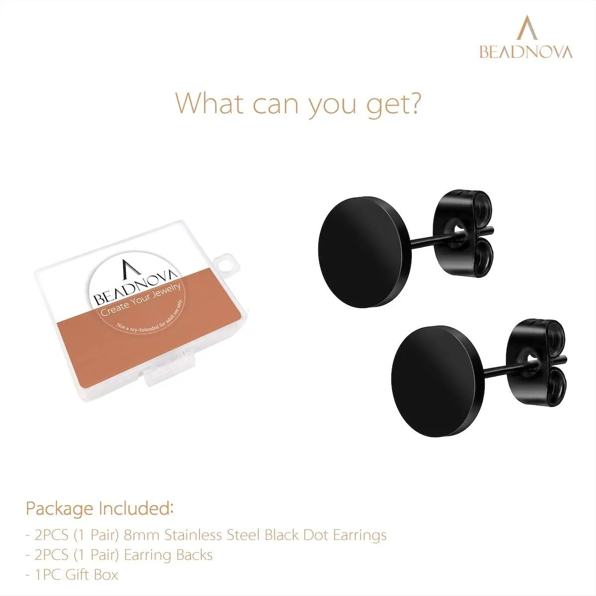 BEADNOVA Stainless Steel Stud Earrings Flat Circle Dot Earrings Fake Plugs Black Stud Piercing Post Earrings Fake Gauges for Men (2-10mm, Black, 1-3 pairs)