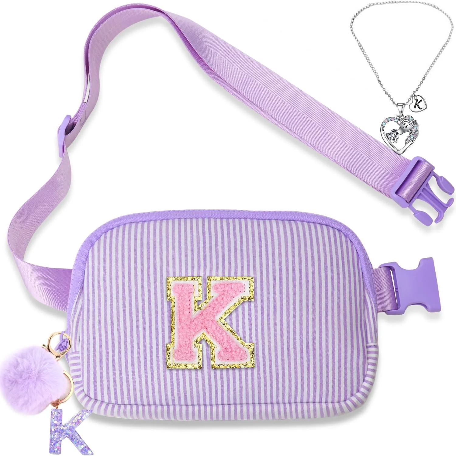 Belt Bag for Girls Birthday Gifts - Girls Fanny Pack Crossbody Bag Gifts for Teen Girls with Girls Initia Keychain Necklace K