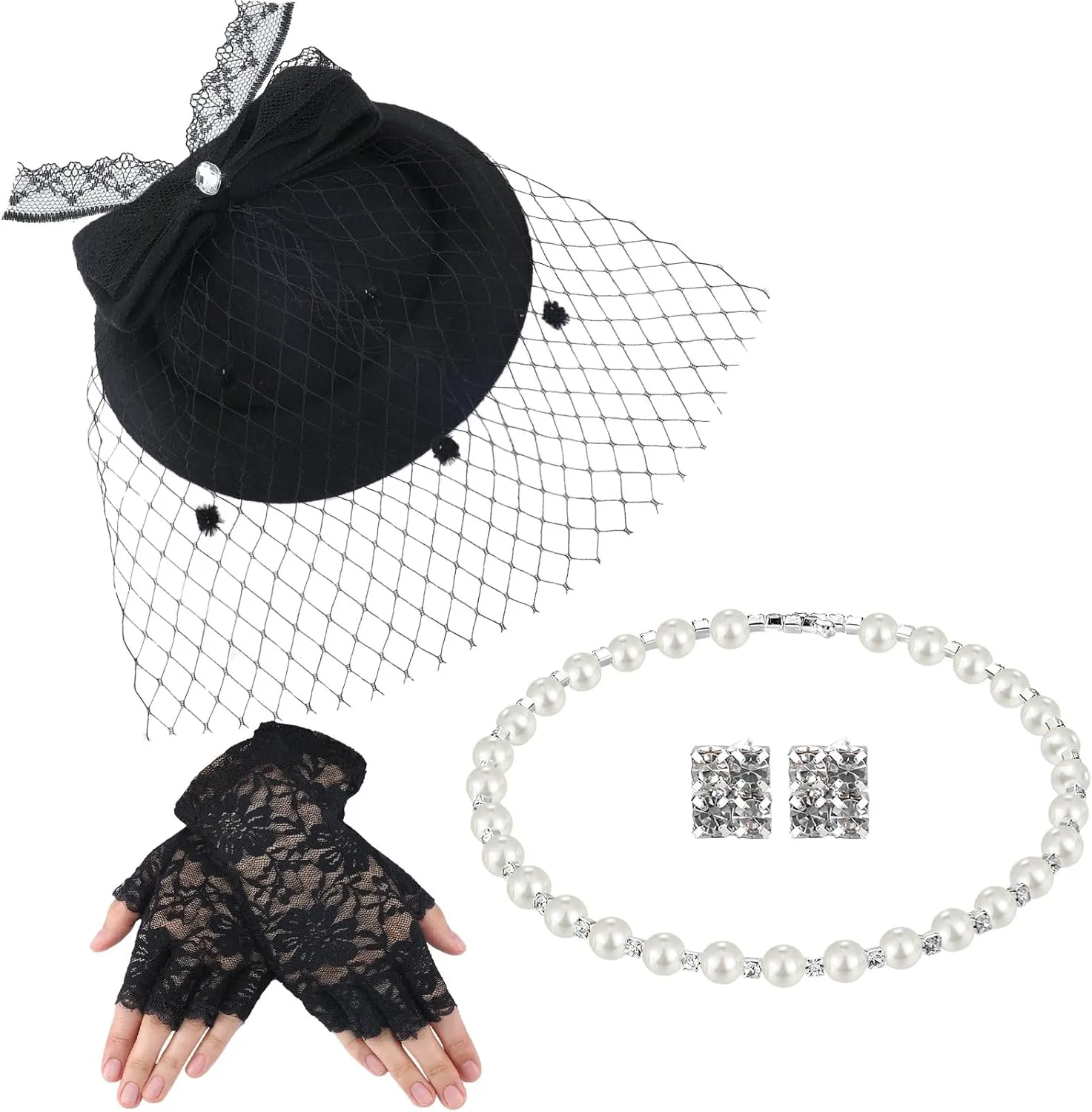 Bencailor Fascinator Hat for Women Funeral Veil Hats Set Include Mesh Lace Gloves Necklace Earring for Tea Party