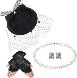 Bencailor Fascinator Hat for Women Funeral Veil Hats Set Include Mesh Lace Gloves Necklace Earring for Tea Party